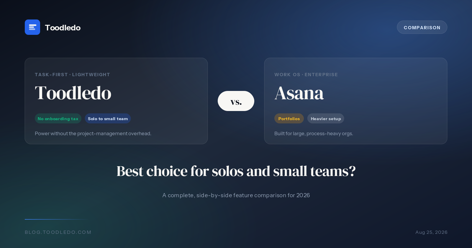 Toodledo vs Asana 2026 feature comparison - lightweight task management for solos and small teams versus enterprise work OS