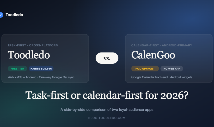 Toodledo vs. CalenGoo — task-first vs. calendar-first comparison featured image with Toodledo and CalenGoo cards side by side