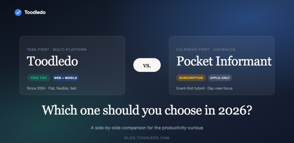 Toodledo vs. Pocket Informant — task-first vs. calendar-first comparison featured image with Toodledo and Pocket Informant cards side by side