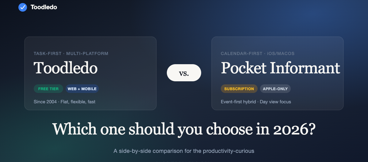 Toodledo vs. Pocket Informant — task-first vs. calendar-first comparison featured image with Toodledo and Pocket Informant cards side by side