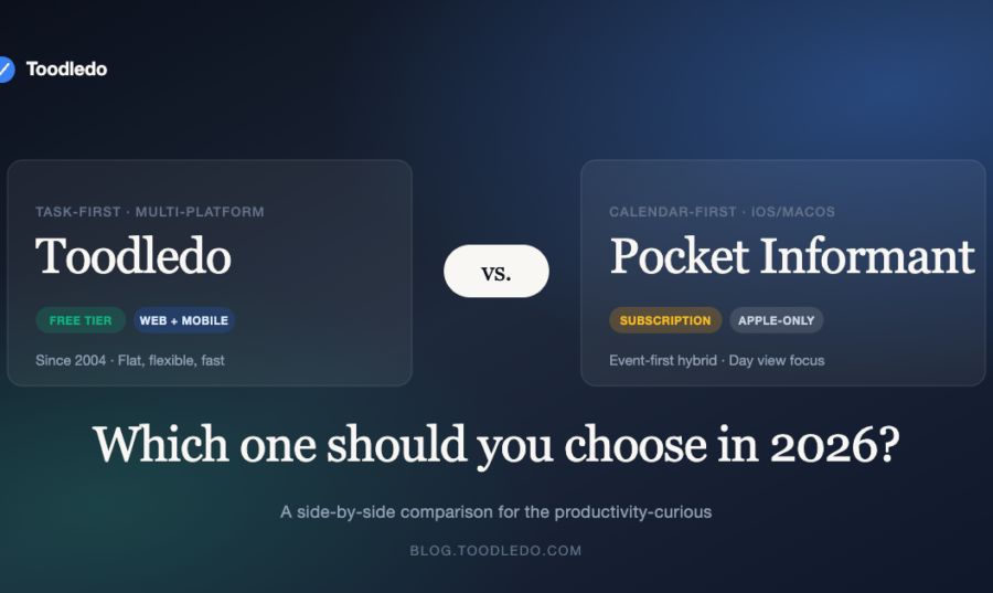 Toodledo vs. Pocket Informant — task-first vs. calendar-first comparison featured image with Toodledo and Pocket Informant cards side by side