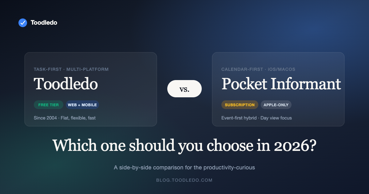 Toodledo vs. Pocket Informant — task-first vs. calendar-first comparison featured image with Toodledo and Pocket Informant cards side by side