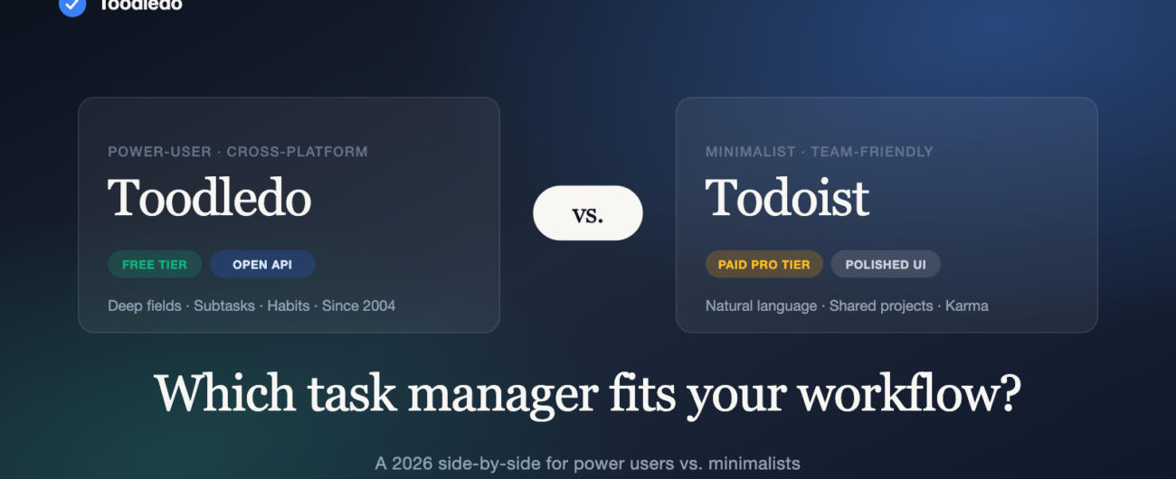 Toodledo vs Todoist comparison — side-by-side feature card showing power-user vs minimalist task manager positioning for 2026