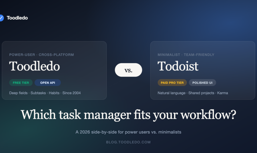 Toodledo vs Todoist comparison — side-by-side feature card showing power-user vs minimalist task manager positioning for 2026