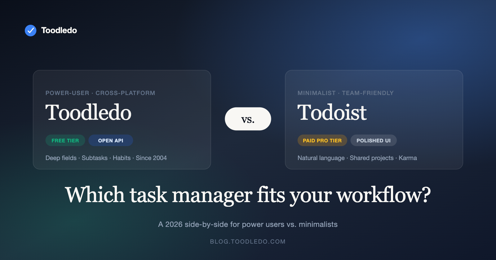 Toodledo vs Todoist comparison — side-by-side feature card showing power-user vs minimalist task manager positioning for 2026